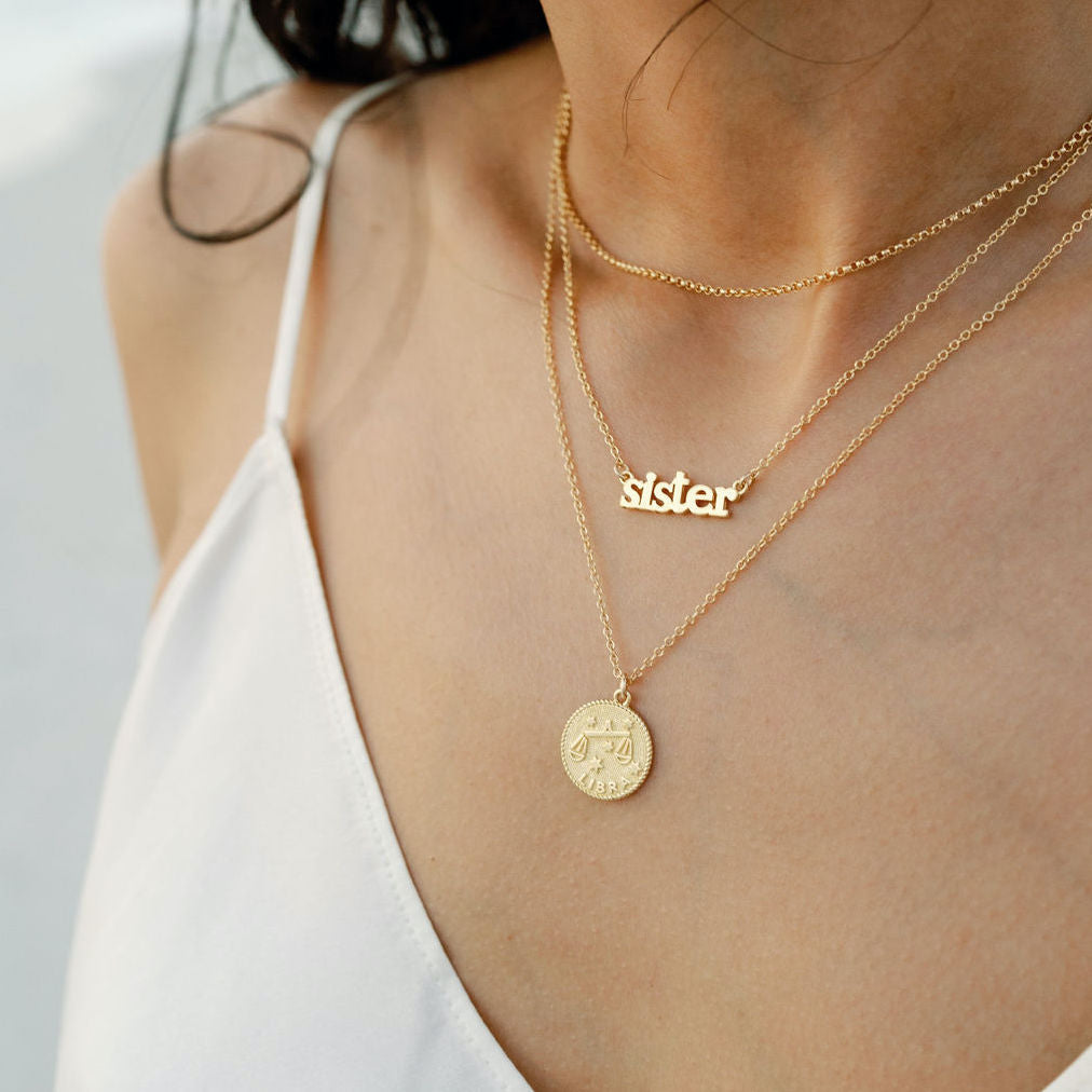 Libra Zodiac Necklace_Sept 23-Oct 22_Katie Dean Jewelry_horoscope sign_Zodiac Collection, dainty handmade necklaces_Gold Rolo_Sister Necklace