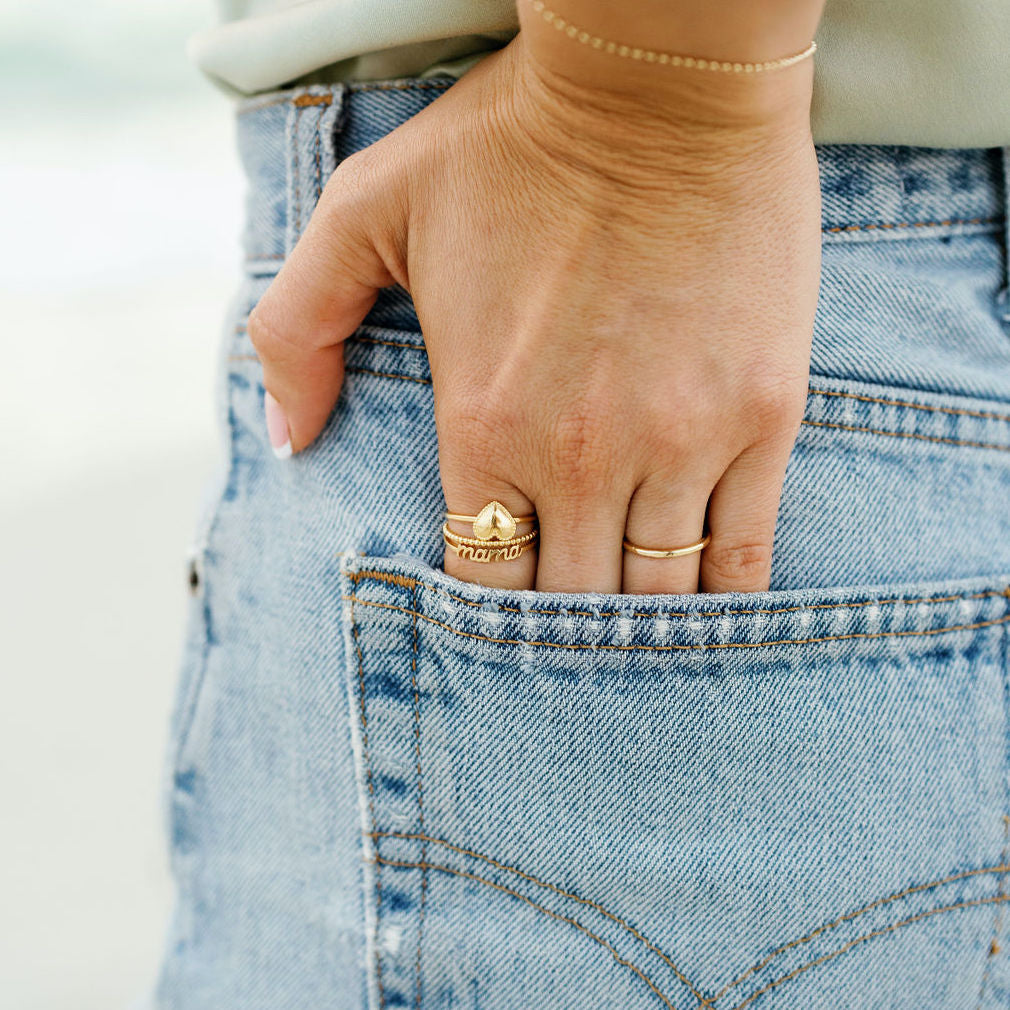 Mama, Heart, Beaded, Hammered Band ring_Gold Rolo Bracelet_Katie Dean Jewelry_handmade in America_stacking ring