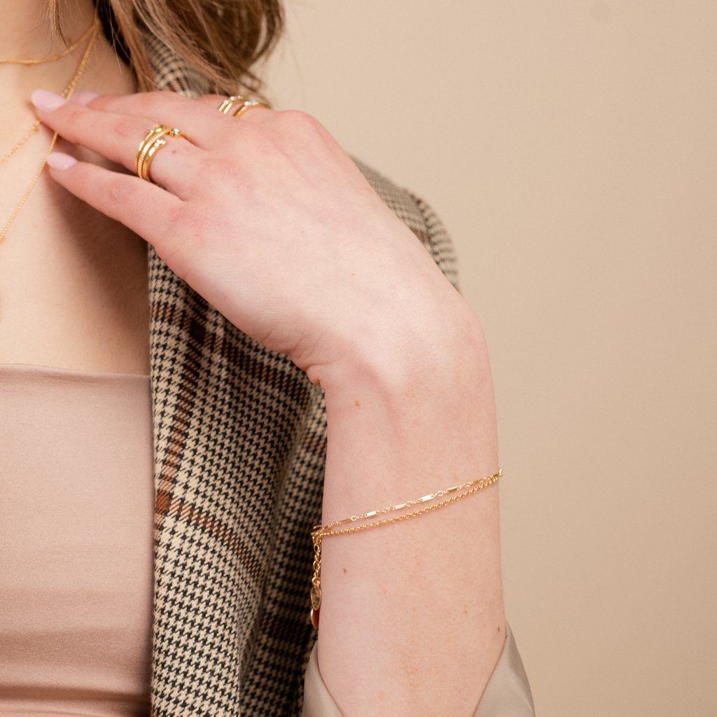 Dainty gold bracelets featuring the Linked Bracelet and Gold Rolo Bracelet, Minimal Bracelet Set handmade by Katie Dean Jewelry