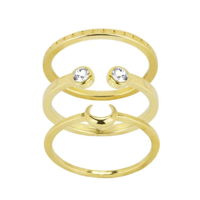The gold Moon Stack with the Dotted Ring on top, the Two Gem Ring in the middle & the Moon Ring on the bottom.