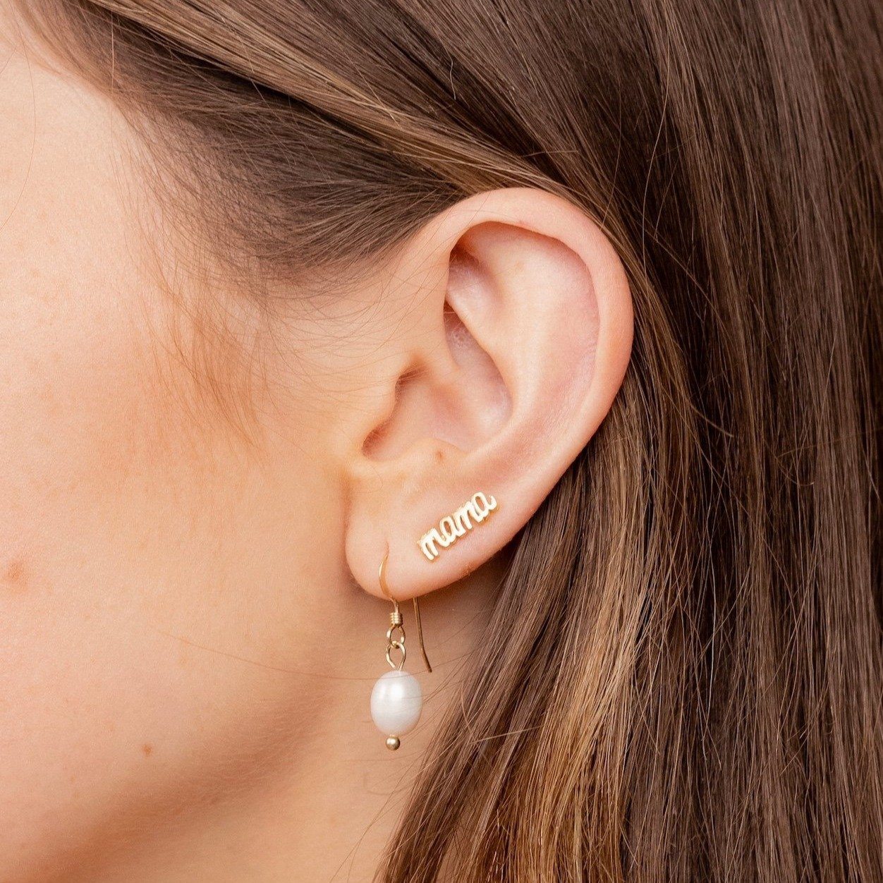 Dainty gold Pearl Drop Dangly Earrings, Mama Studs, Pearl collection handmade in America made by Katie Dean Jewelry