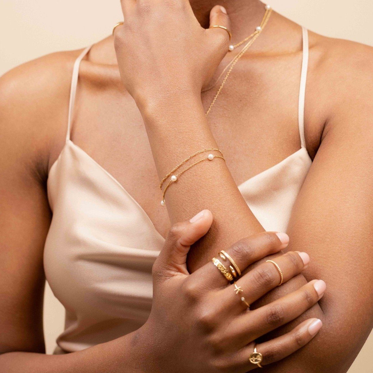 Dainty gold Pearl Bracelet Set, handmade by Katie Dean Jewelry in America