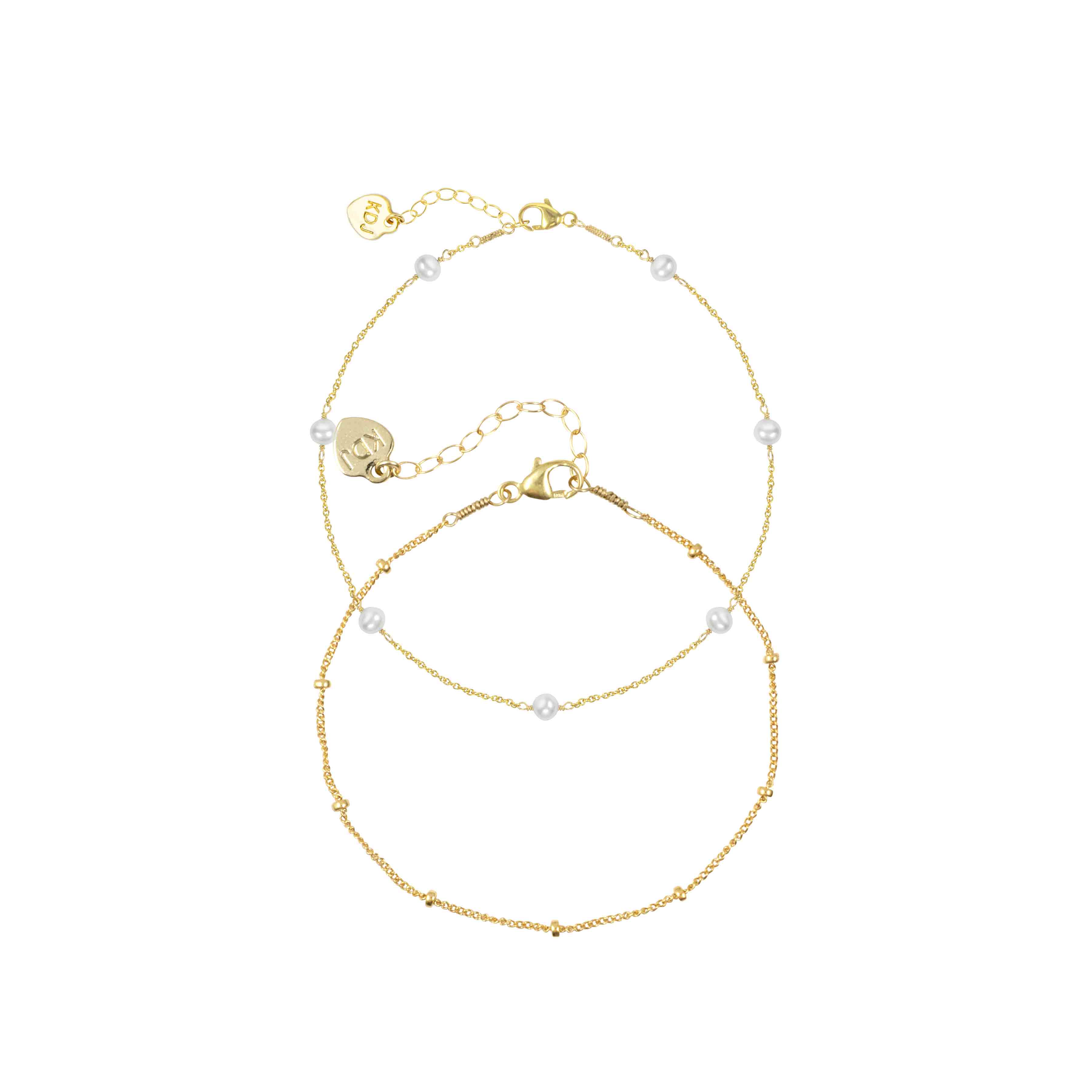 Dainty gold Pearl Anklet Set handmade by Katie Dean Jewelry in America, includes one Pearl Anklet and one Beaded Anklet