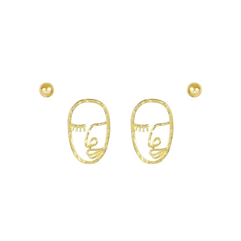 Picture of the Beaded gold stud earring and the Artist Face Earring inspired by Matisse and Picasso. Handmade in California by Katie Dean Jewelry. Nickel free and hypoallergenic.
